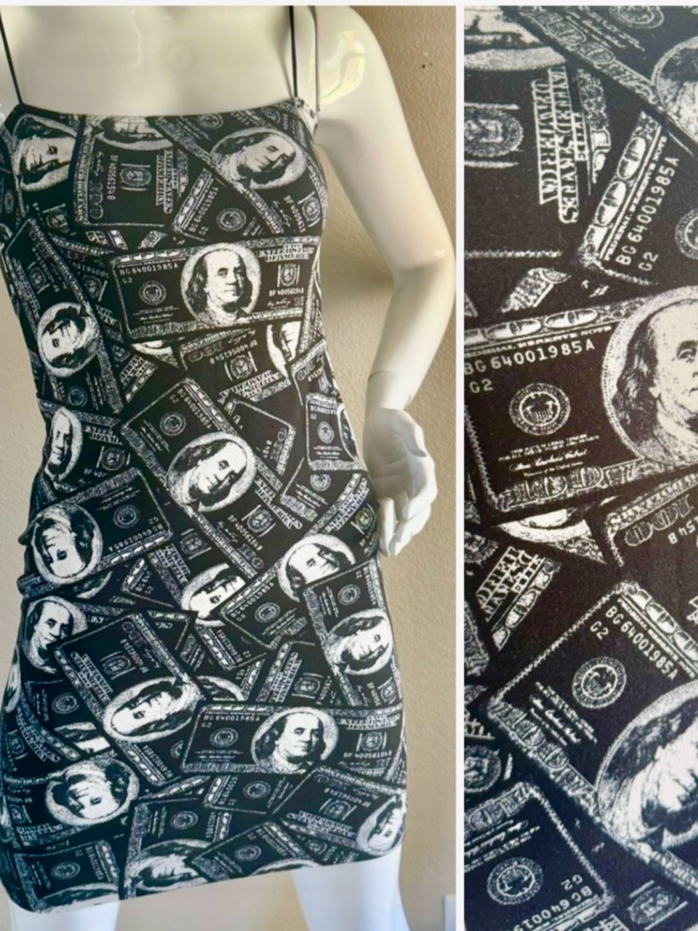 Vintage Black & White Money Print Spaghetti Strap Mini Dress S